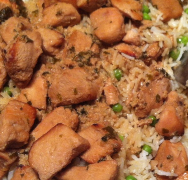 Oriental Chicken cubes on Basmati-close up